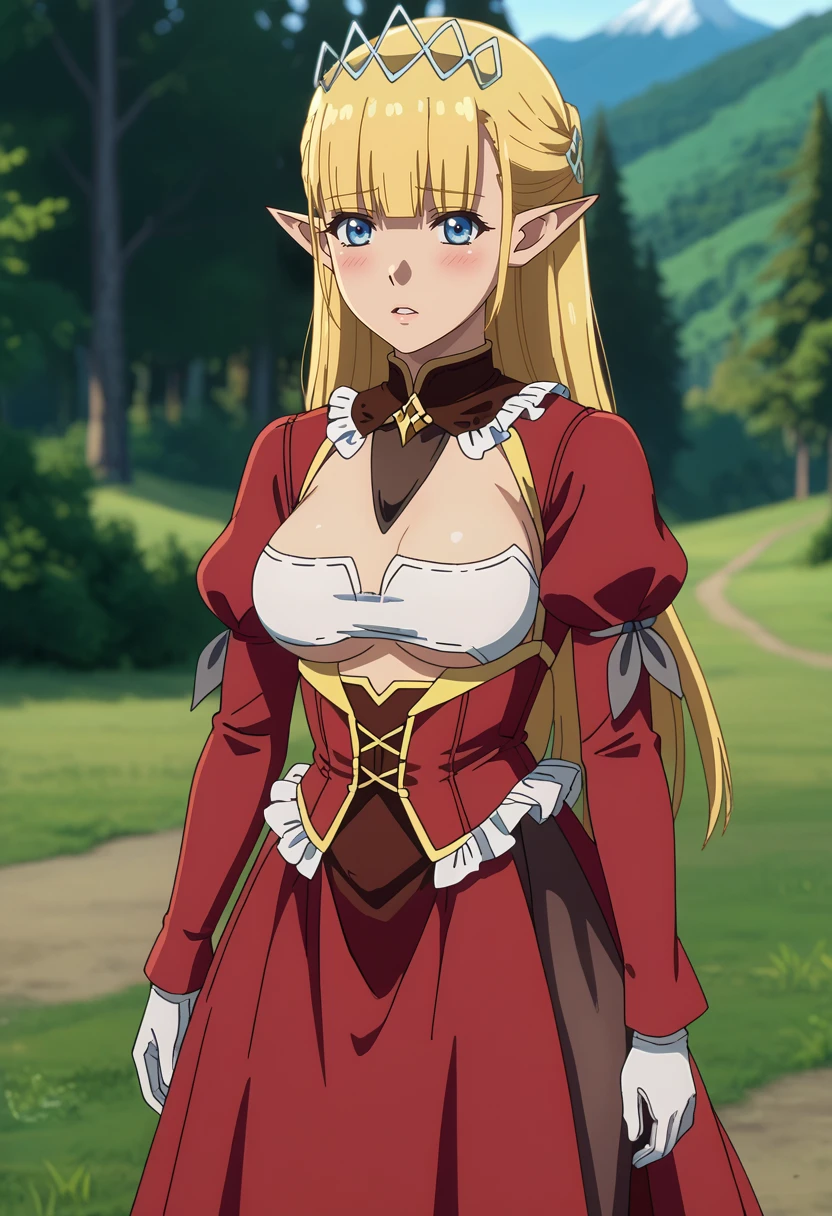 score_7_up, anime screencap,
<lora:Hazurewaku_SerasAshrainXL:0.8>,
1girl, solo, parted lips, blush,
long hair, blonde hair, blunt bangs, blue eyes, tiara, pointy ears,
SerasRedDress, red dress, frilled collar, clothing cutout, large breasts, red corset, juliet sleeves, white gloves, black thighhighs,
standing, looking at viewer,
blurry background, scenery, forest, mountains