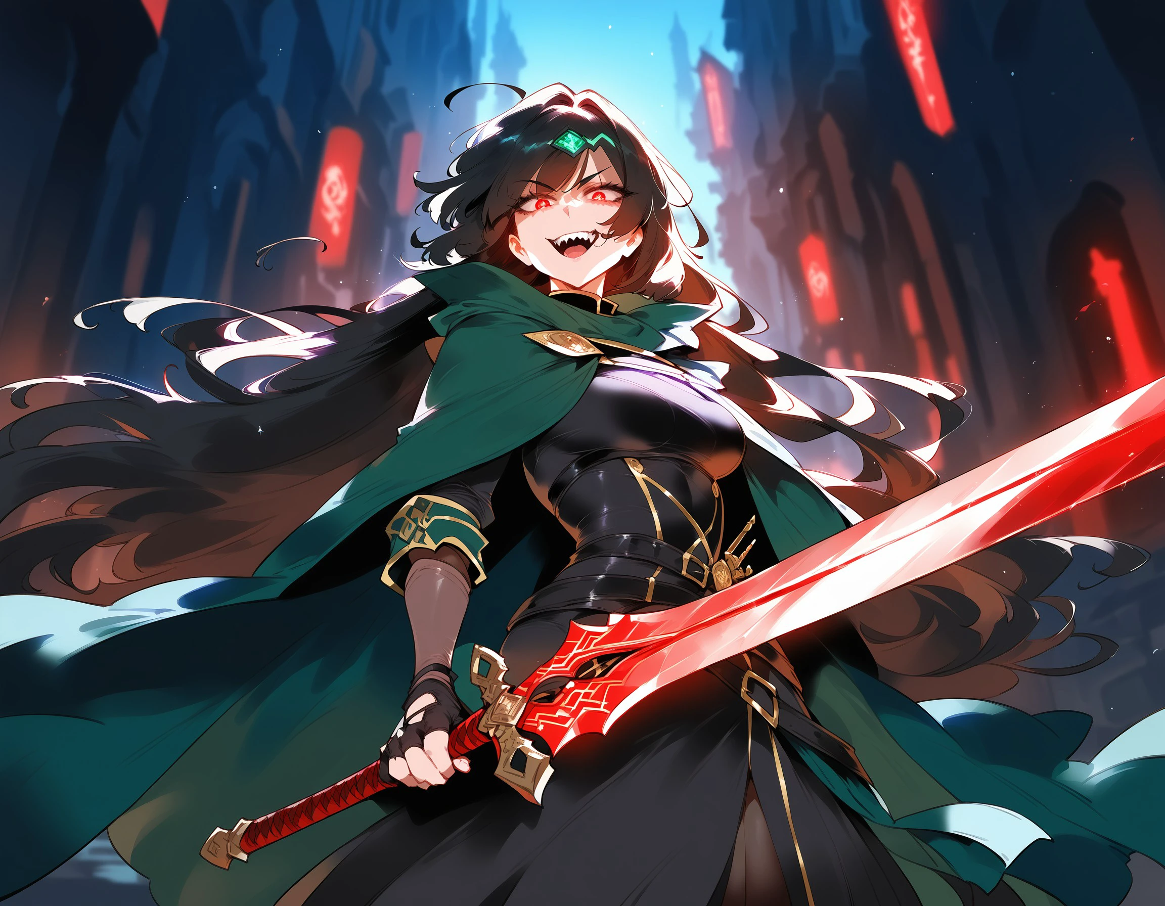 1girl, sword, black hair, weapon, holding sword, holding, red eyes, solo, holding weapon, red lighting, glowing, looking at viewer, cape, crazy smile, glowing sword, gloves, fingerless gloves, glowing weapon, very long hair, green-black cape, epic scenery, lighting background, masterpiece, best quality, very aesthetic, absurdres, safe, rayxl, <lora:4f3134bf-0b2a-4063-89e8-6ad084027ec6:1.0>