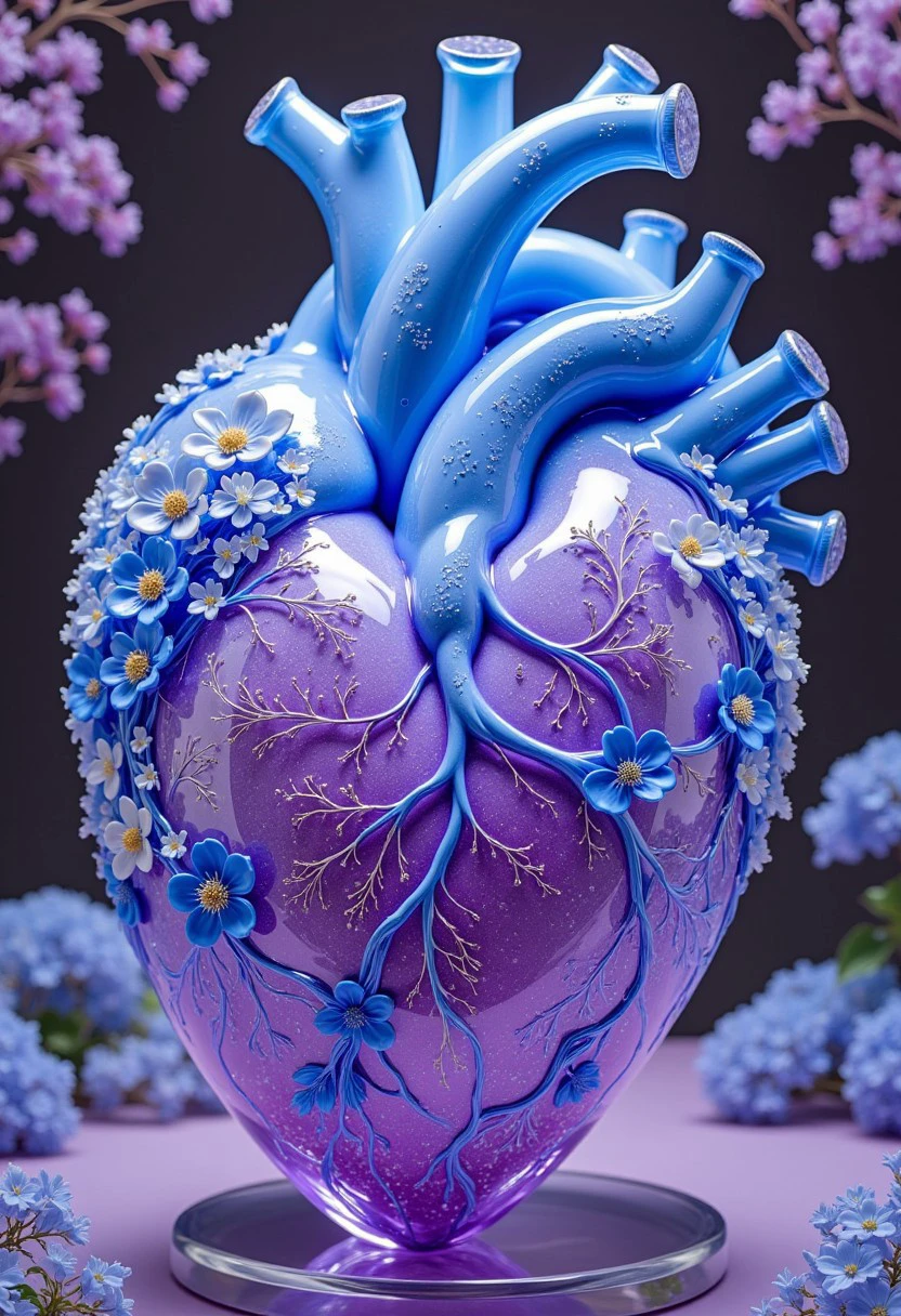 A beautiful statue of a heart,purple,blue,flowers,8k,photorealistic,