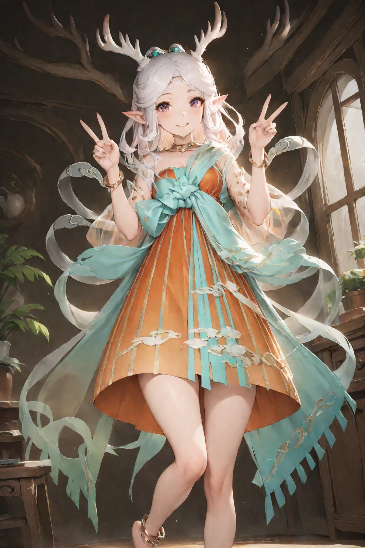 masterpiece, best quality, 1girl, solo, smile,double v,
,antlers, pointy ears, barefoot, jewelry, dress, anklet, shawl, <lora:Yao_Yujianshenlu_xl:0.8>