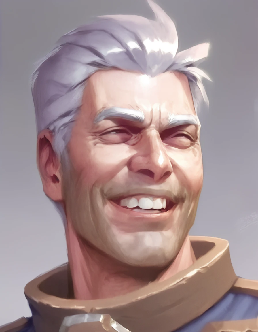 (game art of a male 40 years old with silver  short hair laughing <lora:khdgr:1.2>