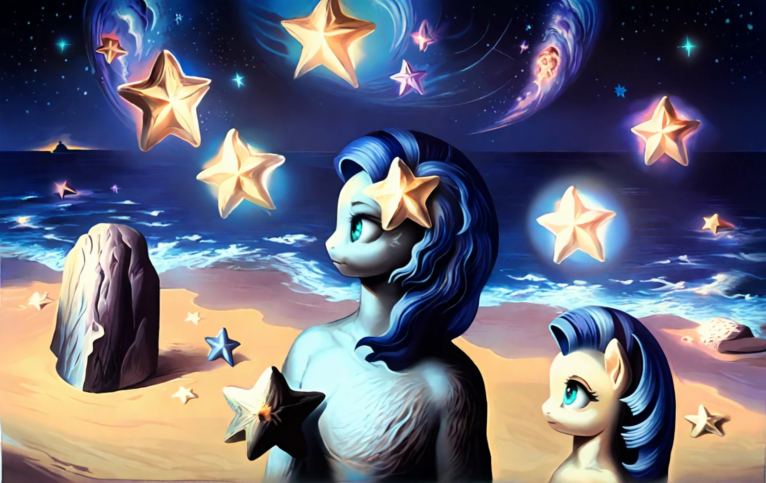 <lora:sabinbalasa_pony_v2:1>' stars ' by Balasa Sabin in 1999, symbolic painting \(genre\), Surrealism \(style\), a beach on the ocean at night , stars are visible in the firmament, galaxy, milky way,, score_9, score_6_up, score_7_up