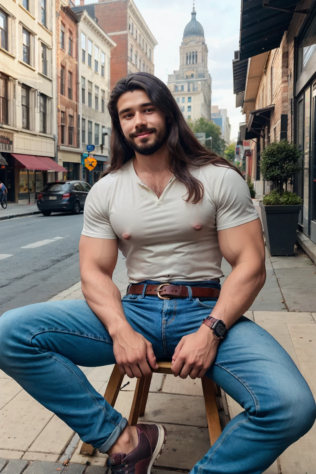 1man, solo, arquinancho, soft smile, long hair, sitting, shirt, jeans, belt, taking a coffee, muscular, sidewalk, daylight<lora:EMS-383622-EMS:0.750000>