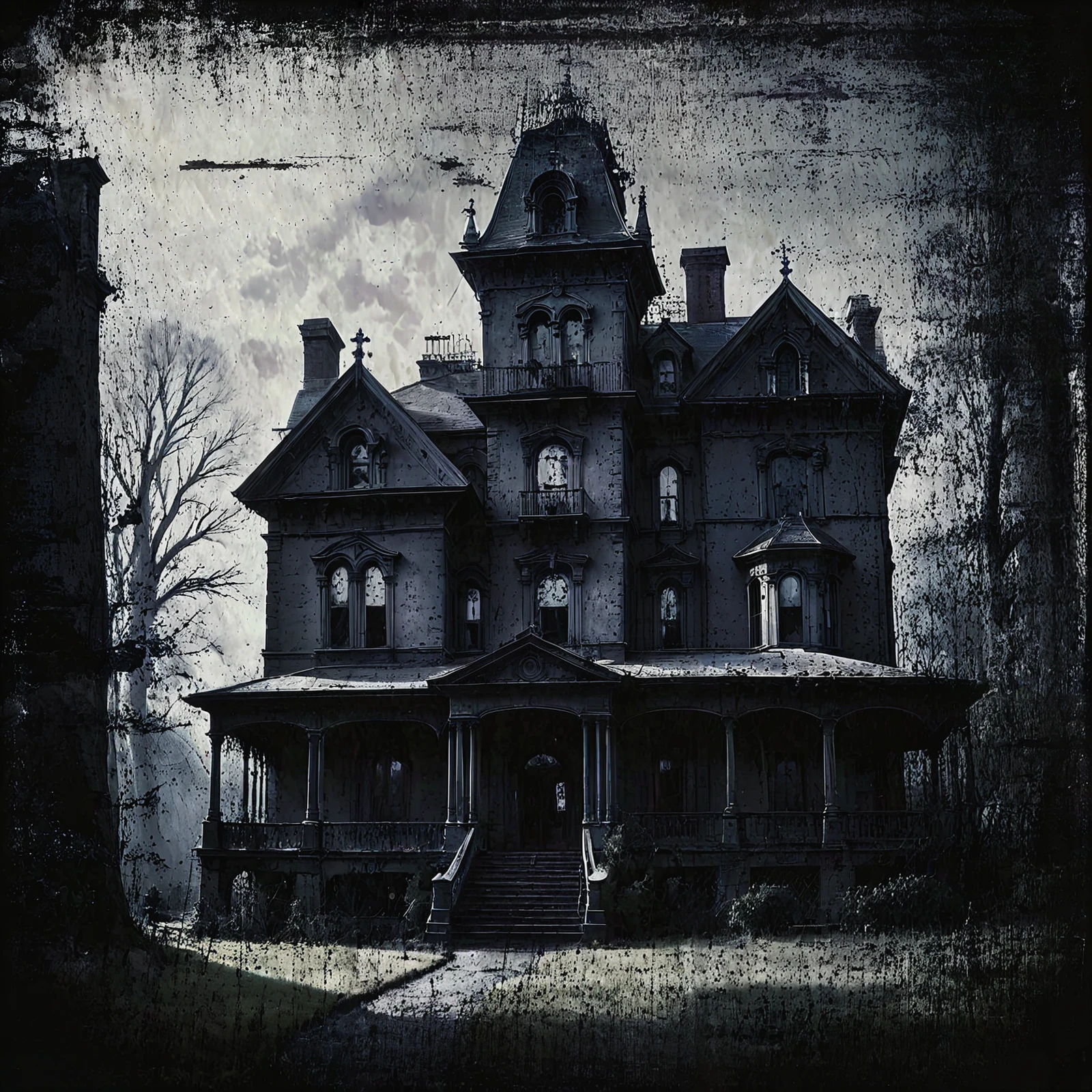 Monochrome photo of an eerie haunted mansion. 1890s style. Dark. Atmospheric, moody, rustic.

<lora:PhotoDistressed01-00a_CE_SDXL_128OT:0.8> dstrsdPhtoCE
