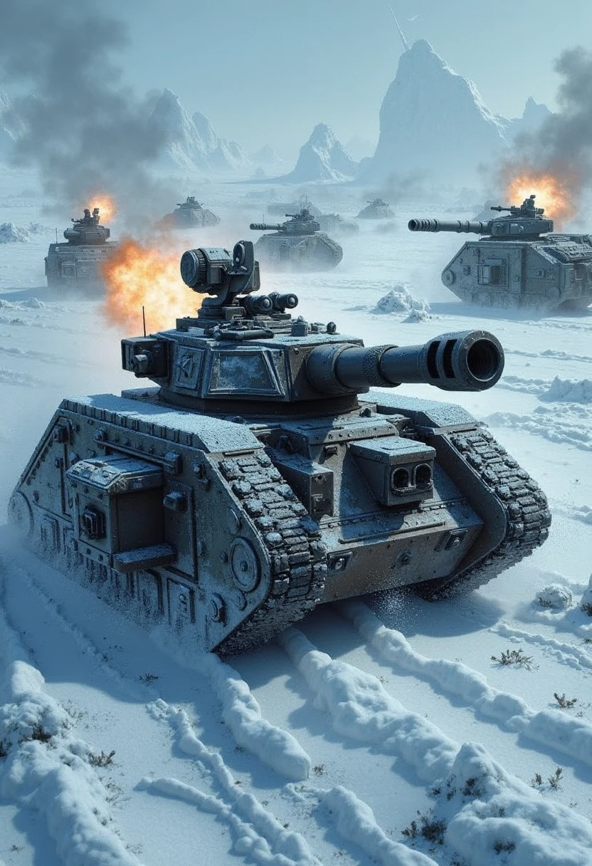 On a frozen ice world, a Leman Russ battle tank leads a charge across an expansive tundra, its massive tracks crushing the thick snow beneath it. The landscape is a vast expanse of white, with jagged ice formations and snow-capped mountains in the distance. The tank’s engines roar as it powers forward, its exhausts venting hot steam into the frigid air. Enemy forces, entrenched in makeshift bunkers, attempt to hold the line, but the Leman Russ’s battle cannon thunders, sending explosive shells into their fortifications, shattering ice and snow with each impact.

Photograph Description: The photorealistic color image emphasizes the cold, desolate environment of the frozen tundra. The Leman Russ is depicted with a frosty sheen on its armor, the harsh light reflecting off its surfaces and the surrounding snow. The texture of the ice and snow is captured with meticulous detail, from the fine powder kicked up by the tank’s movement to the solid ice formations in the distance. The contrast between the warm exhaust plumes and the cold, blue-tinged landscape adds depth and realism to the scene, highlighting the tank’s relentless advance through the harshest of environments.