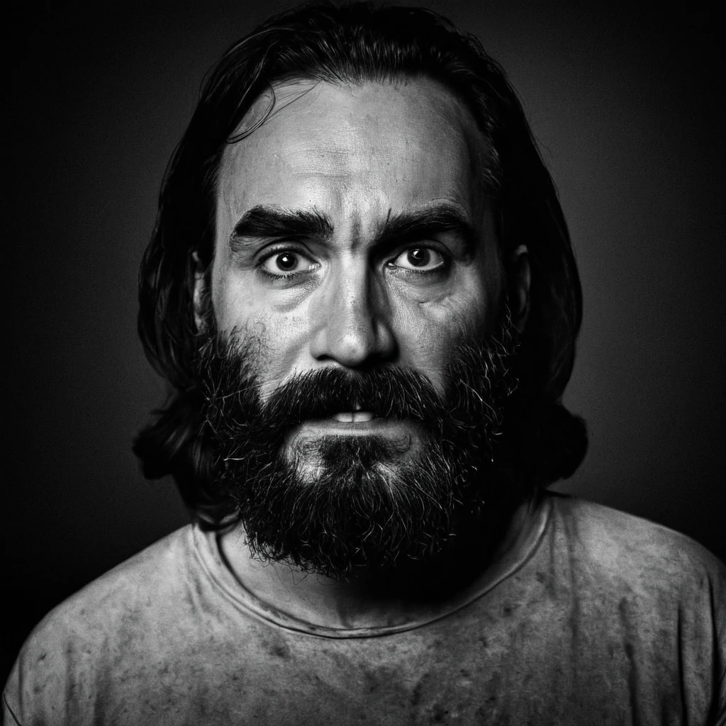 Horror-themed, <lora:facial expression style v3:1>
Charles Manson, creepy sinister facial expression of a man with a long beard and a creepy face staring in sinister way at viewers, themed, sharp, detailed skin, epic cinematic photography, artistic, creative, wrinkly face, dramatic lighting style, cinematic color style, Kodak film style, skin pore, emotional style, gustier style, facial expression style, creepy sinister facial style, solo, looking at viewer, smile, shirt, 1boy, monochrome, greyscale, male focus, teeth, facial hair, beard, realistic, horror (theme), mole, mole under eye, portrait, long hair, grin
, Eerie, unsettling, dark, spooky, suspenseful, grim, highly detailed