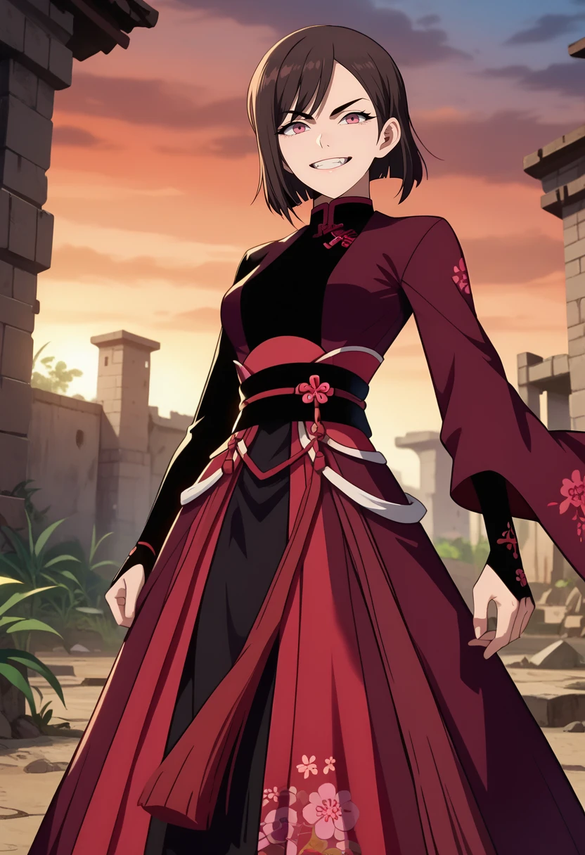 score_7_up, anime screencap,
<lora:SoloMaxLevelNewbie_BaekSeolinXL:0.9>, BaekSeolin,
1girl, solo, light smile, grin, teeth,
short hair, hair behind ear, swept bangs, brown hair, pink eyes,
chinese clothes, red jacket, black shirt, sash, layered skirt, red skirt, black skirt, bridal gauntlets, black gloves,
standing, looking at viewer, cowboy shot,
blurry background, outdoors, ruins, red sky