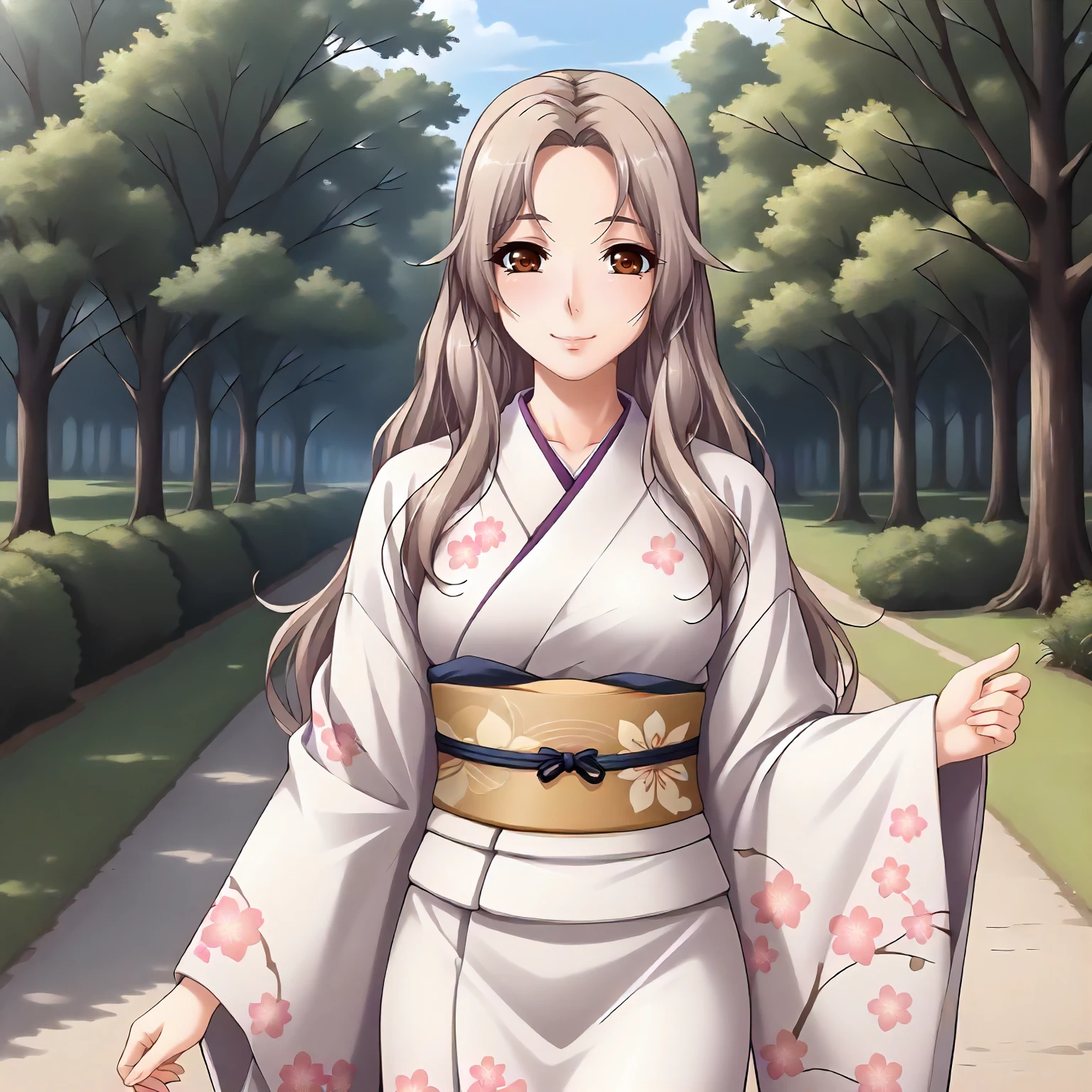 <lora:SDG_SisterClaraXLpony001>,
smile,
outdoors,nature,
solo,
SisterClara,1girl,light brown hair,long hair,brown eyes,
standing,
print_kimono,