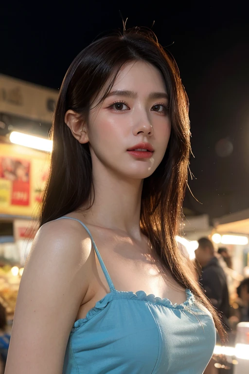 masterpiece, best quality, ultra-detailed, ultra high res, (photorealistic:1.4), raw photo, (realistic:0.2), 8k HDR, realistic lighting, looking at viewer, 1girl, solo, asymmetrical hair, (traditional market:1.2), (day), bokeh, (detailed lips), (detailed pores), (detailed skin textures), (detailed face:1.2), (body:1.2), a woman in a sundress,