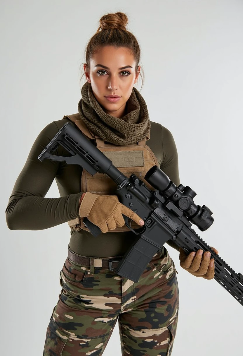 A woman stands confidently, her full body visible in the frame. She is dressed in full tactical camo combat shirt, woodland camo pants that fits snugly, providing both warmth and a sleek appearance. Over her tactical shirt she wears a small cropped tactical vest. A scarf is wrapped around her neck, adding an extra layer of protection and style. In her hands, she holds a rifle with a firm grip, her stance suggesting she is prepared for any situation.