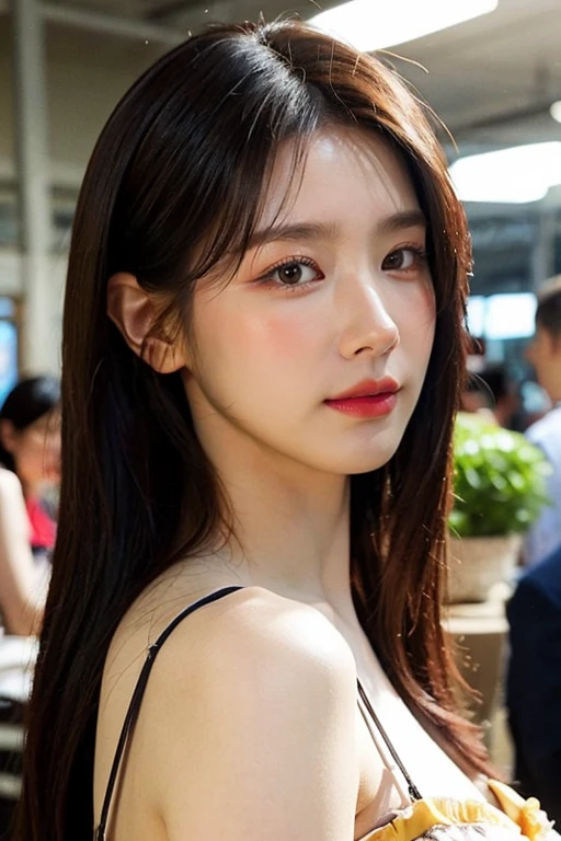 masterpiece, best quality, ultra-detailed, ultra high res, (photorealistic:1.4), raw photo, (realistic:0.2), 8k HDR, realistic lighting, looking at viewer, 1girl, solo, asymmetrical hair, (traditional market:1.2), (day), bokeh, (detailed lips), (detailed pores), (detailed skin textures), (detailed face:1.2), (body:1.2), a woman in a sundress,