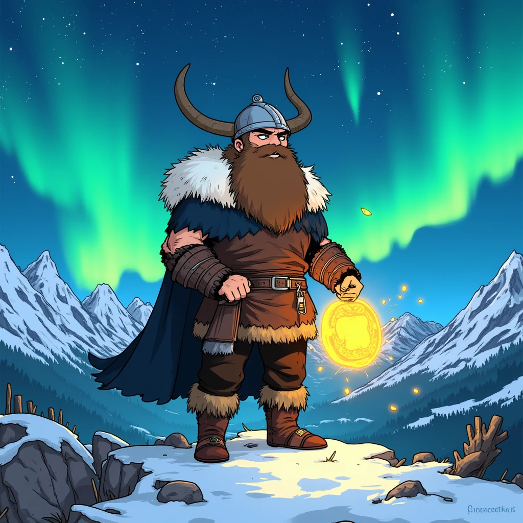Juaner_cartoon,A brave Viking warrior with a thick beard, wearing a horned helmet and fur cloak, holding a glowing buzz rune stone, standing on a snowy mountaintop, with the northern lights shining above him.