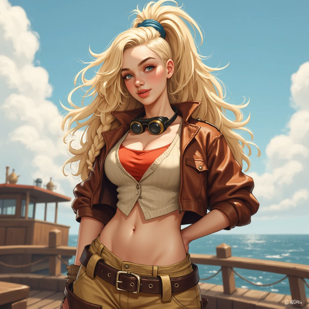 gemhw, digital illustration of a young woman. She has long, voluminous blonde hair tied back with a blue scrunchie. Her outfit is a brown, cropped leather jacket with a red undershirt peeking out, and a beige, short-sleeved, button-up vest over a pair of loose, tan pants held up by a wide belt and goggles around her neck. In the background there is a boat deck