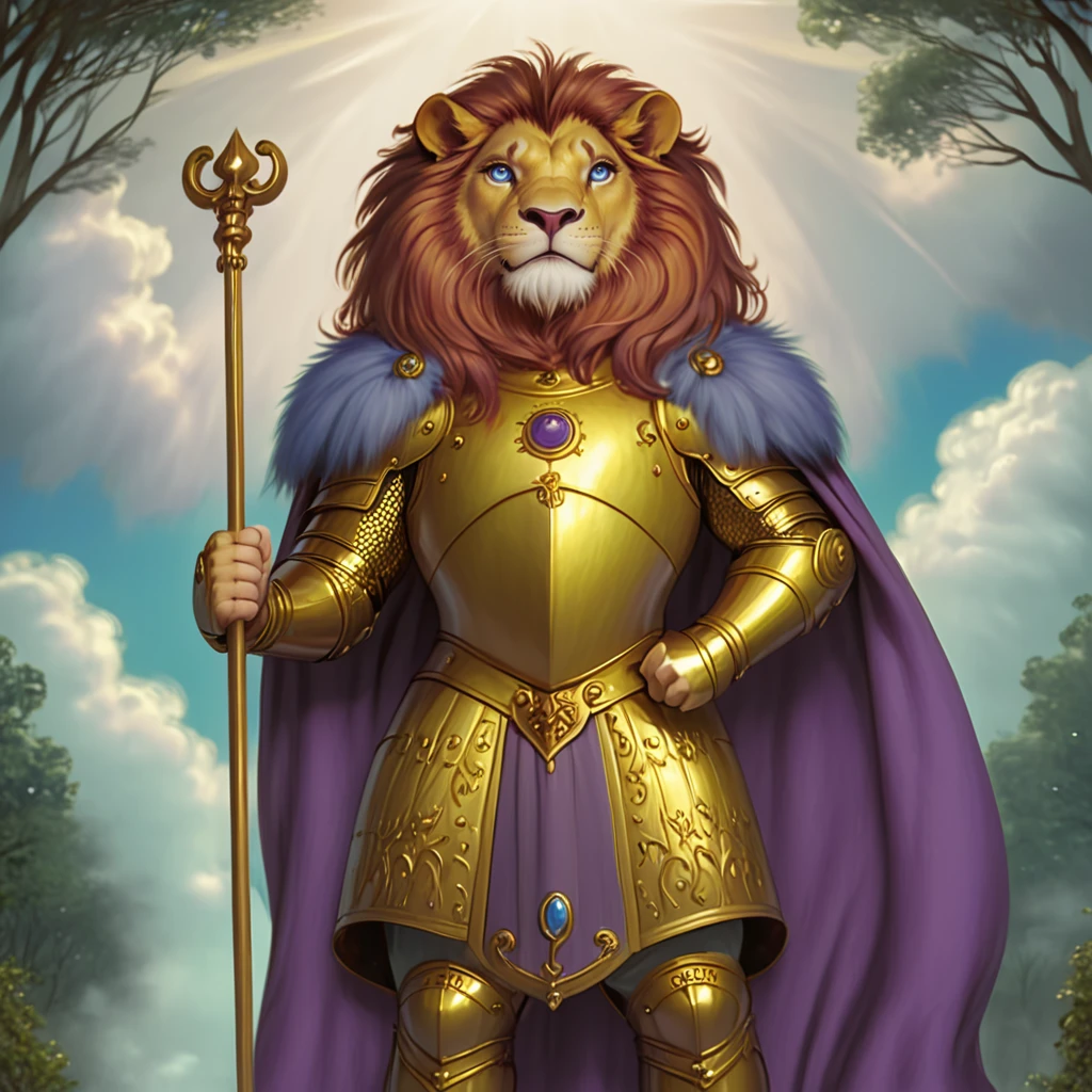 <lora:Wonderland:1>   ArsMJStyle, Wonderland, The image shows a lion wearing a golden and purple dress holding a staff in its hand standing in front of a backdrop of trees and clouds in the sky., lion, armor, solo, cape, furry, lion ears, animal ears, male focus, blue eyes, gold armor, sky, 1boy, holding, staff, furry male