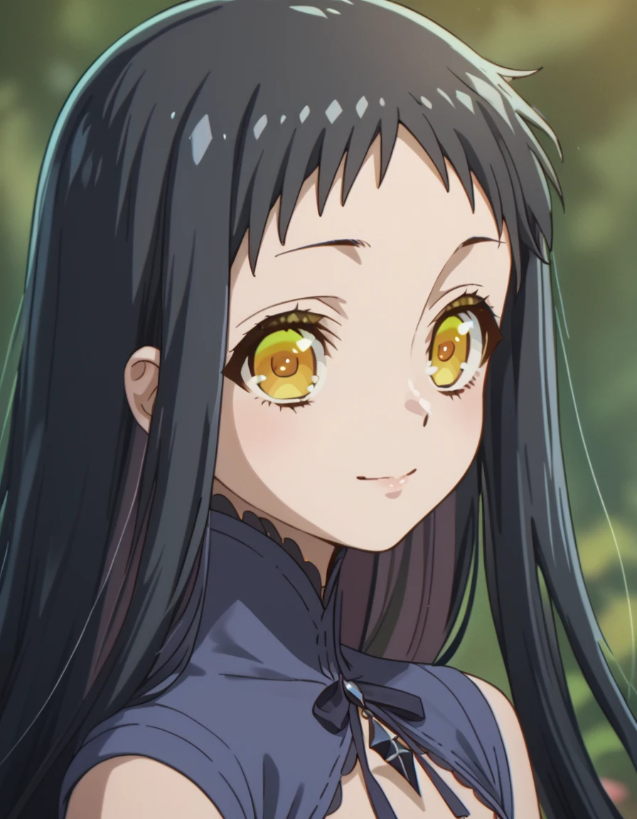 <lora:MagicalGirlEvilEnemy:1>, score_9, score_8_up, score_7_up, score_6_up, score_5_up, score_4_up, source_anime,  , smile, portrait,  Hibana, black hair, very long hair, underwear, yellow eyes,