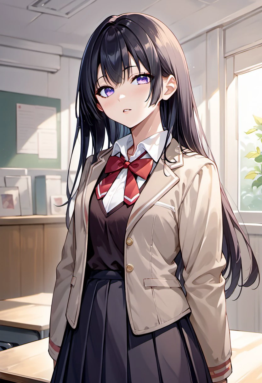 score_9, score_8_up, score_7_up, source_anime,yuki suou, black hair, long hair, purple eyes, 1girl, solo, looking at viewer, school uniform, bow, long sleeves, jacket, skirt, red bow, bowtie, red bowtie, indoors, shirt, parted lips