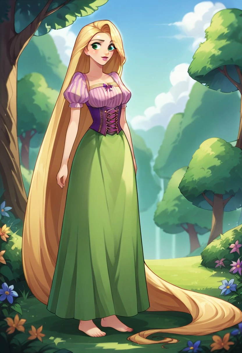 score_9, score_8, score_7, source_anime, rapunzel (grimm), blue sky, tree, nature, corset, ribbon, barefoot, standing, grass, leaf, puffy short sleeves