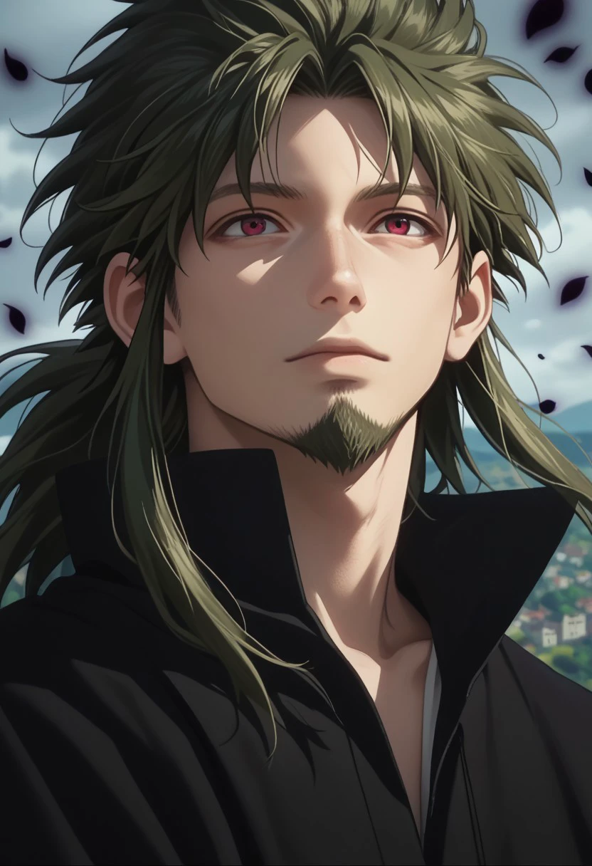 score_9, score_8_up, score_7_up, source_anime, rating_safe, IthnanMAGI, dark green_Ithnan_hair, red_Ithnan_eyes, dark green_Ithnan_facial hair, 1boy, male focus, anime screencap, black_particles,