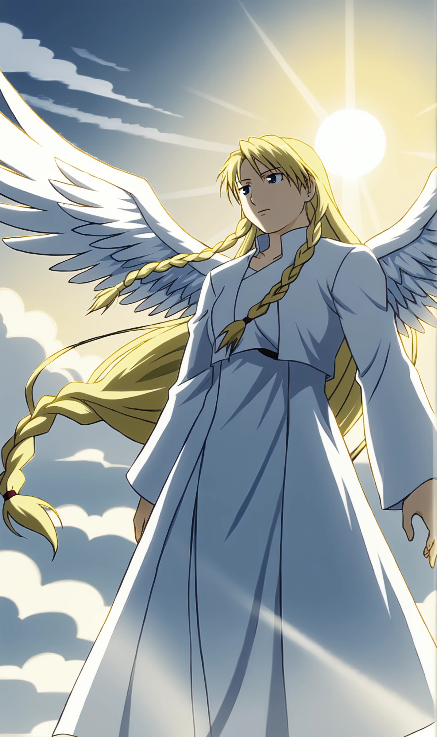 RH, 1girl, solo, blonde hair, Valkyrie, very long hair, braids, angel wings, glowing, long white robes, floating in sky, clouds, sun rays, <lora:Riza Hawkeye Pony XL:0.7>