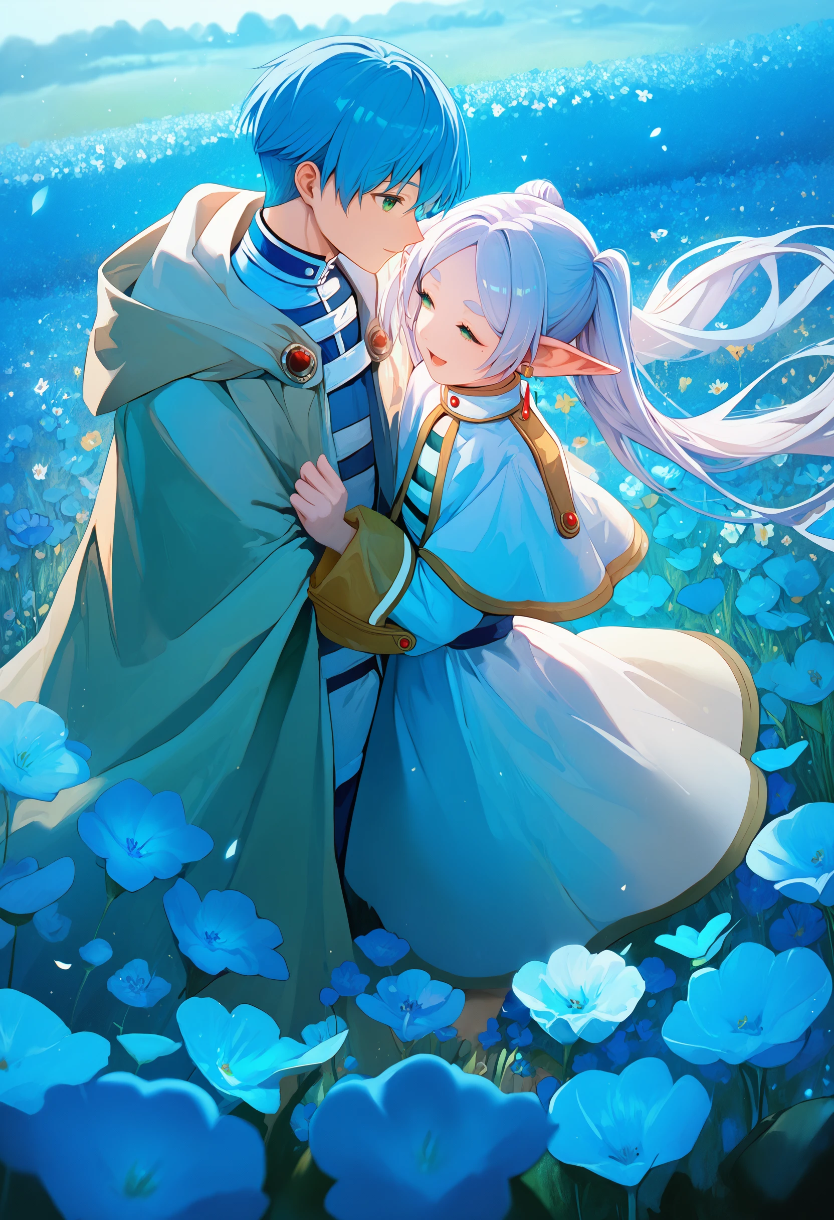 himmel \(sousou no frieren\), 1girl, frieren, pointy ears, elf, 1boy, blue hair, jewelry, flower, earrings, long hair, green eyes, capelet, short hair, white capelet, striped shirt, closed eyes, mole under eye, twintails, blue flower, striped clothes, cloak, long sleeves, mole, smile, flower field, white hair, shirt, dress, open mouth, looking at another, hetero, field, parted bangs, white skirt <lora:sousou_no_frieren_collection_v1.2:1> score_9, score_8_up, score_7_up, score_6_up, absurdres, masterpiece, best quality, very aesthetic