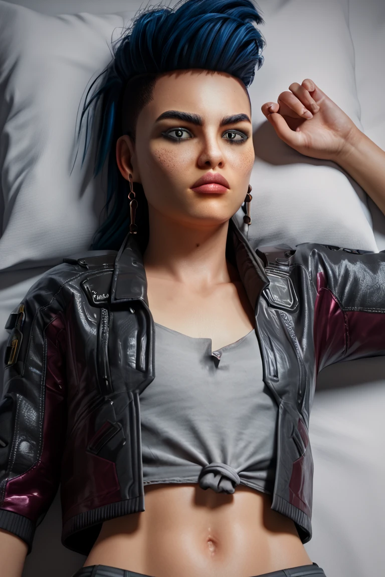 score_9, score_8_up, score_7_up,, RogueAmendiares, young2013, leather jacket, 1girl, earrings, blue hair, looking at viewer, bed, on back