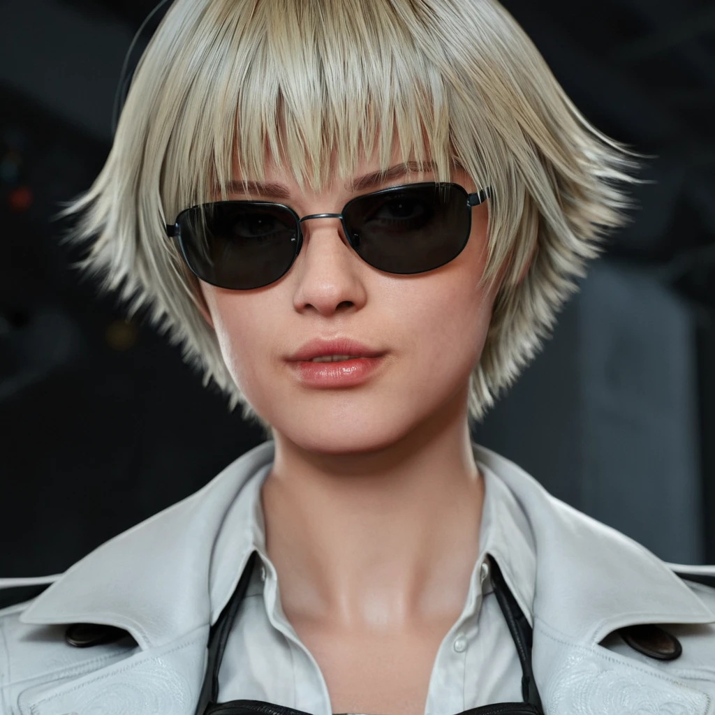 professional 3d model of  <lora:ladydmc v2:0.9>
ladydmc a woman with a short blond hair and glasses, MaryAnnArkham, smooth sharpness, very detailed image, cinematic style, detailed background, perfect style, perfection, Unreal Engine, 3d, realistic, realism, photorealism, hyperrealism, hyperrealistic, video game style, 3D computer graphics, Blender, 3ds Max, Maya, Cinema 4D, ZBrush, AutoCAD, LightWave 3D, Adobe Dimension, virtual reality, Unreal, real-time 3D, Epic Games style, Unreal Engine style, ladydmc style, solo, short hair, blonde hair, shirt, 1boy, jacket, white hair, male focus, black jacket, sunglasses, leather, leather jacket, 1girl, lips, from below, white shirt, parted lips, collared shirt
, octane render, highly detailed, volumetric, dramatic lighting