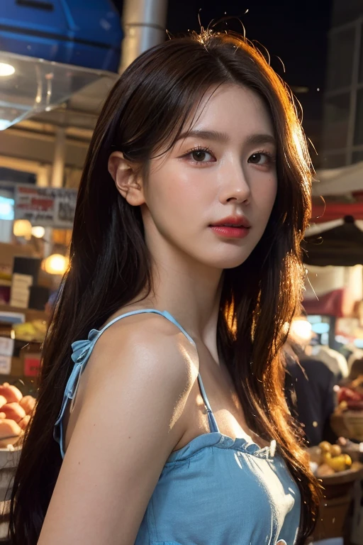 masterpiece, best quality, ultra-detailed, ultra high res, (photorealistic:1.4), raw photo, (realistic:0.2), 8k HDR, realistic lighting, looking at viewer, 1girl, solo, asymmetrical hair, (traditional market:1.2), (day), bokeh, (detailed lips), (detailed pores), (detailed skin textures), (detailed face:1.2), (body:1.2), a woman in a blue sundress,