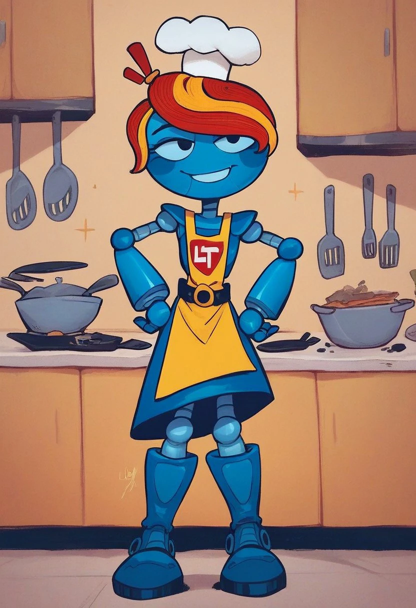 score_9_up, score_8_up, score_7_up, score_6_up, ladytron, 1girl, solo, android, robot joints, multicolored hair, red hair, apron, boots, chef hat, belt, smile, hands on hips, in a kitchen, (painted art)