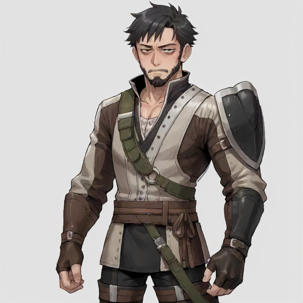 (cowboy shot, solo, simple background:1.4)  BREAK              1boy, young man, black hair, very short hair, brown eyes, bags under eyes, (half closed eyes:1.1), full beard, average build. BREAK       (black clothing, black armor:1.2),   <lora:Clothing FEA Merc Armor v1:1> feamerc, single shoulder armor