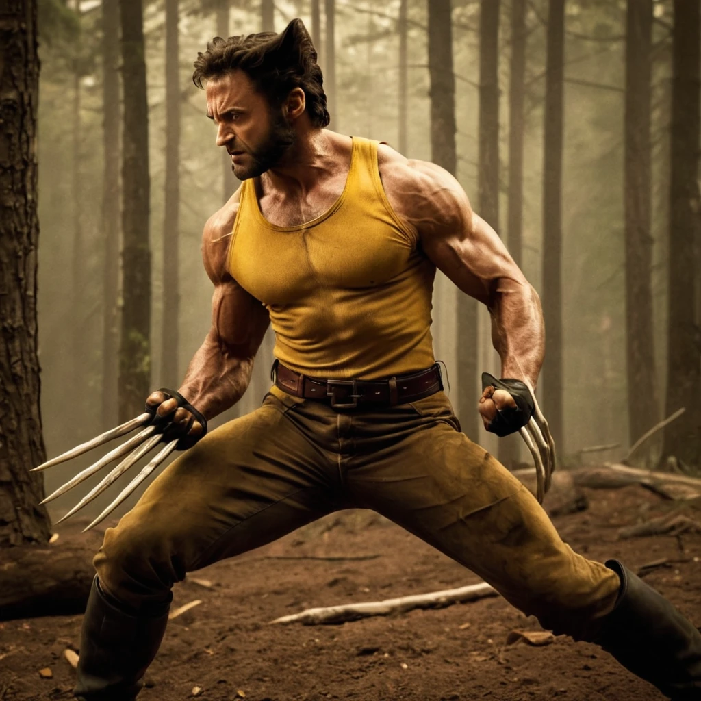cinematic film still of  <lora:BoneClawsv2:0.8>
 wolverine running with a yellow shirt on, cinematic, detailed bone claws, perfect claws, perfect hand with perfect claws, BoneClaws style, solo, simple background, 1boy, gloves, full body, male focus, weapon, boots, teeth, belt, muscular, clenched teeth, yellow background, claws, claw (weapon), profile, shallow depth of field, vignette, highly detailed, high budget, bokeh, cinemascope, moody, epic, gorgeous, film grain, grainy
