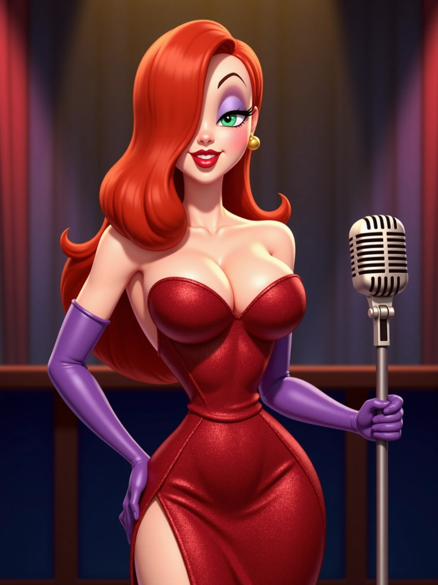 Masterpiece, hd, full detailed, jessica rabbit, sideless red dress, (glitter dress), purple sleeve gloves, dark orange hair, detailed eyes, perfect eyes, green eyes, pink eye make up, red lipstick, cleavage, seductive look, seductive pose, looking at viewer, cameltoe, on stage