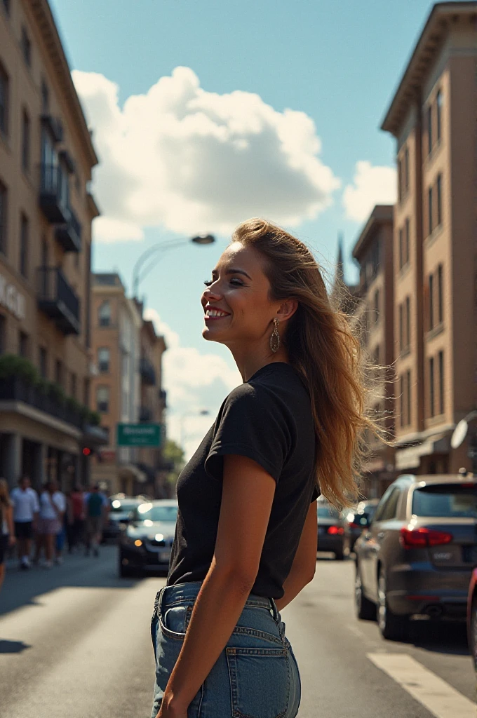 detailed, sharp outlines, contrast, wide angle lens captures the entire scen with cars and people, buldings, clouds, close view of awoman standing on a street, happy mood