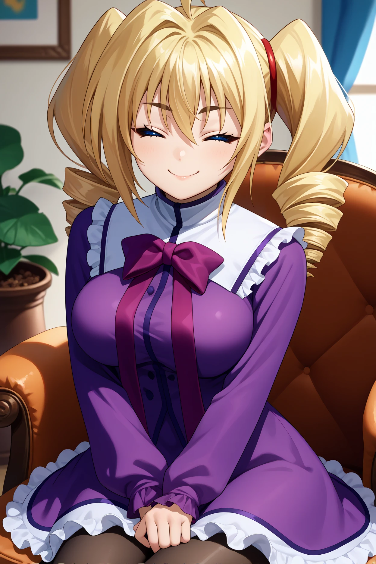 score_9, score_8_up, score_7_up, score_6_up, source_anime BREAK 1girl, solo <lora:ravelphenex-pdxl-nvwls-v1-000004:1> dxdRP, blonde hair, ahoge, twin drills, blue eyes, breasts, purple dress, long sleeves, purple bow, white collar, frilled dress, black pantyhose, big breasts, sitting, chair, indoors, looking at you, closed eyes, smug, smile, happy