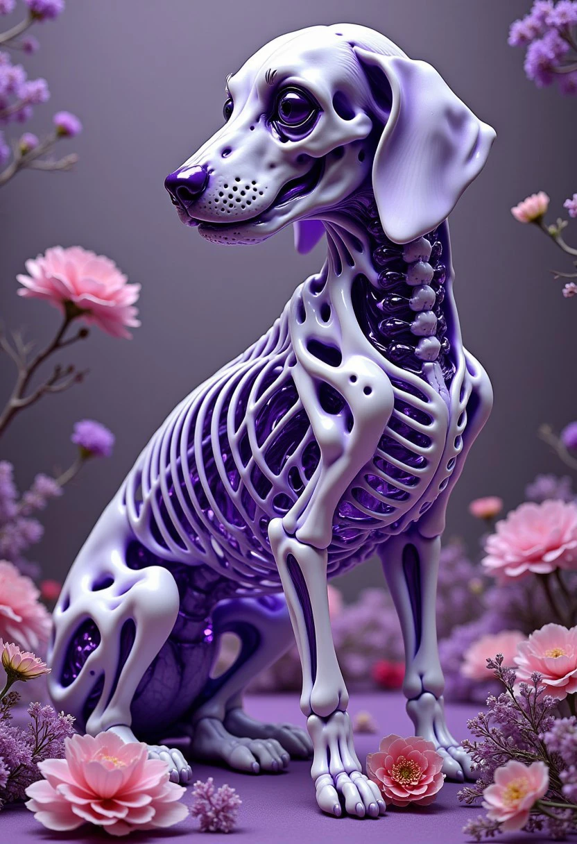 A beautiful statue of a dog skeleton,purple,flowers,8k,photorealistic,