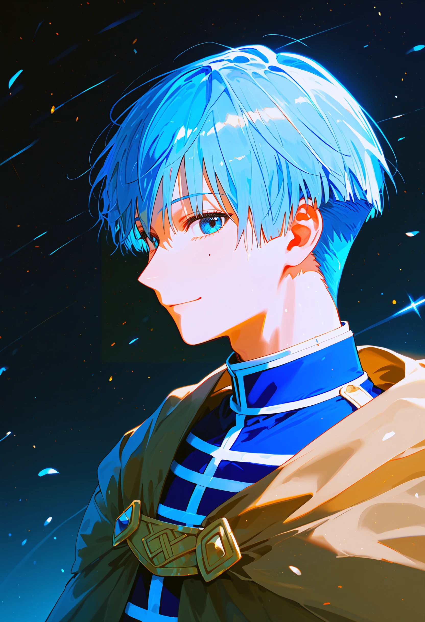 himmel \(sousou no frieren\), 1boy, male focus, solo, mole under eye, mole, smile, looking at viewer, short hair, cloak, blue hair, blue eyes, profile, closed mouth, cape, upper body, brown cape, <lora:sousou_no_frieren_collection_v1.2:1> score_9, score_8_up, score_7_up, score_6_up, absurdres, masterpiece, best quality, very aesthetic