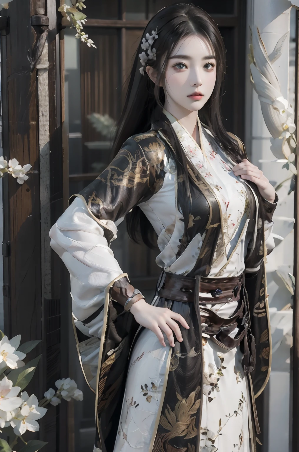 photorealistic, high resolution, 1 women, solo, hips_up, hips up, beautiful eyes, long hair, look at viewer, close lips, detailed face, long hair, NARAKA BLADEPOINT outfit, Robe of Annica Zai