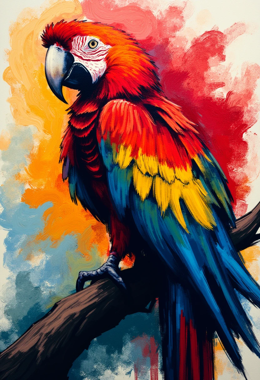 Abstract painting of a Parrot Macaw, vibrant colors, bold brushstrokes, dynamic composition, colorful feathers, artistic interpretation, expressive lines, modern art style, imaginative background.  <lora:DepthContrastFlux-sv_fro-0.97-16:1>