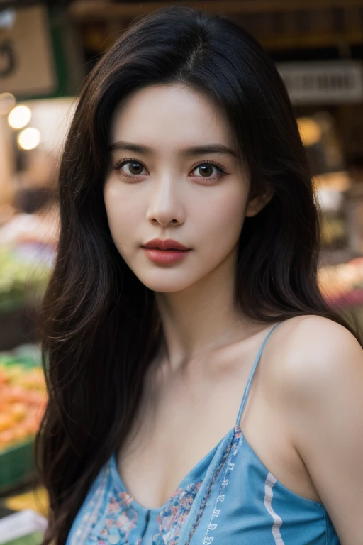 masterpiece, best quality, ultra-detailed, ultra high res, (photorealistic:1.4), raw photo, (realistic:0.2), 8k HDR, realistic lighting, looking at viewer, 1girl, solo, asymmetrical hair, outdoor, (traditional market:1.2), (day), bokeh, (detailed lips), (detailed pores), (detailed skin textures), (detailed face:1.2), (body:1.2), a woman in a blue sundress, (asian:0.2), thigh gap,