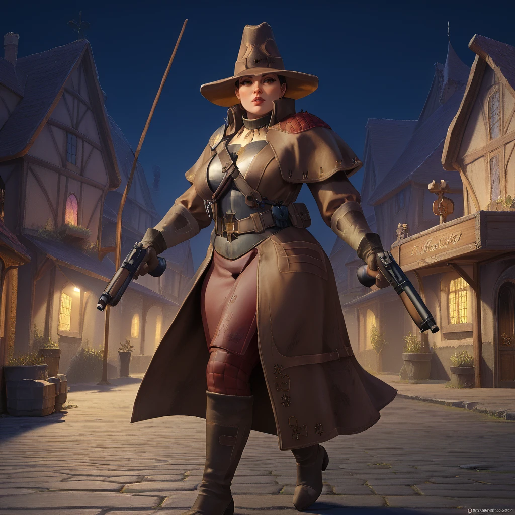 score_9, score_8_up, score_7_up,
WitchHunter, mature female, curvy, solo,
holding gun, dual wielding, antique firearm,
night, dark, medieval town, cobblestone,
 <lora:WitchHunter:0.8>