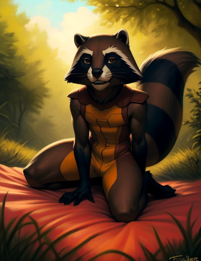 <lora:RocketRacGyYif:1> RocketRacGy, Racoon, Orange jumpsuit, Brown eyes, chibi, 
Looks at the viewer, (kneeling on one leg)
[ large window, (nature), forest, grass, day shining, clouds, flowers, blanket, blue pillows, candles, bed, pillows, ]
(beautiful, aesthetic, perfect, delicate, intricate, saturated colors), masterpiece, digital drawing, best quality,
by taran fiddler, by cynicalstarr, by personalami,