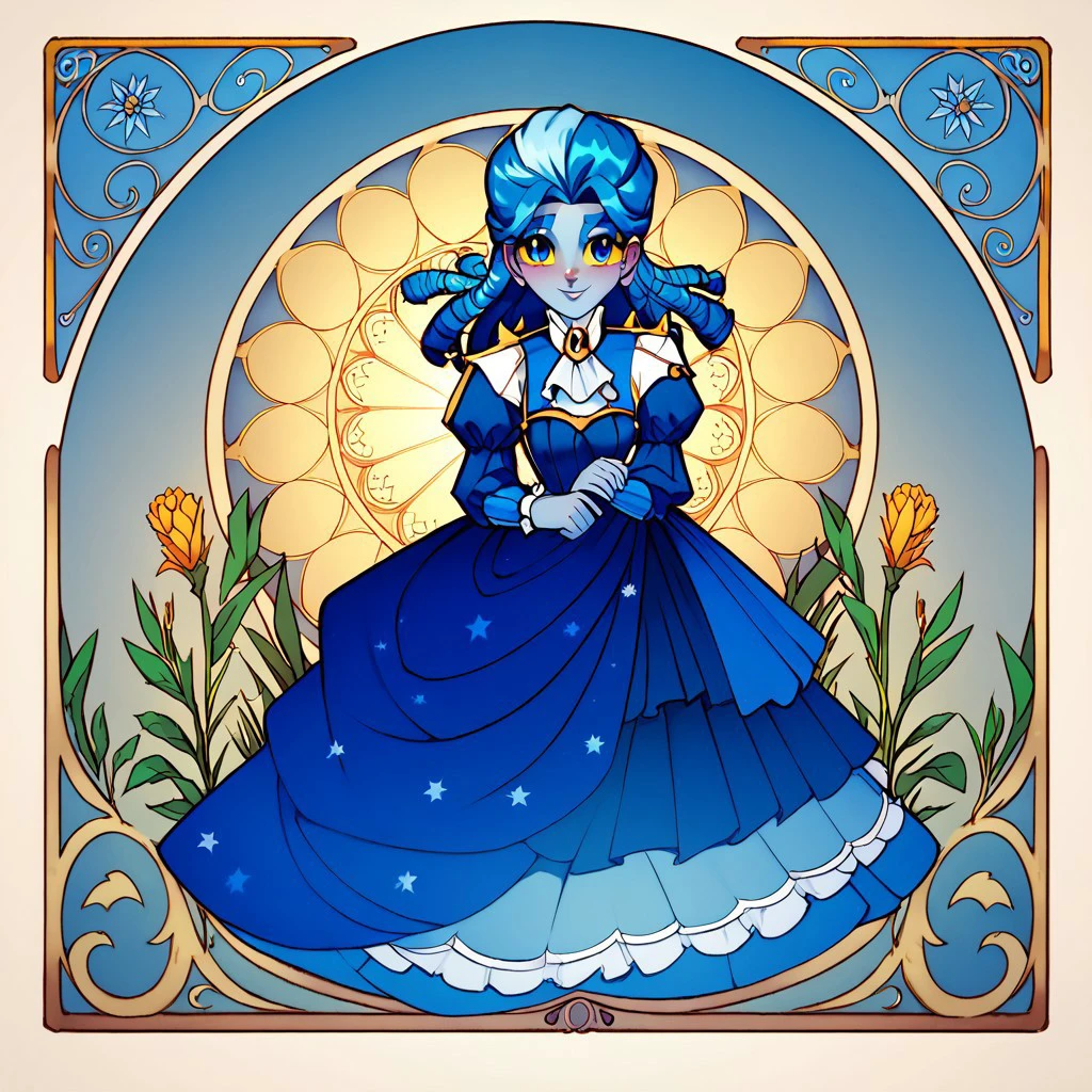 score_9, score_8_up, score_7_up, masterpiece, frankelda, 1girl, solo, dress, striped, blue hair, puffy sleeves, high heels, colored skin, art nouveau, blue eyes, glowing yellow sclera, half body, blue shades, shy smile