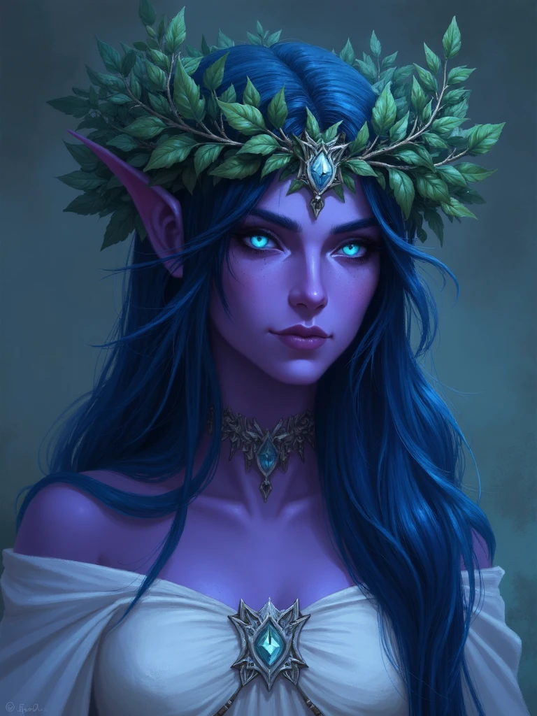 wowart style, elf woman with dark purple skin and glowing cyan eyes, she have long blue hair, she wearing white dress with silver ornaments and head wreath made of leaves, <lora:sxz-WoW-Art-Flux:1>