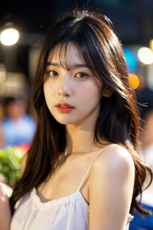 masterpiece, best quality, ultra-detailed, ultra high res, (photorealistic:1.4), raw photo, (realistic:0.2), 8k HDR, realistic lighting, looking at viewer, 1girl, solo, asymmetrical hair, outdoor, (traditional market:1.2), (day), bokeh, (detailed lips), (detailed pores), (detailed skin textures), (detailed face:1.2), (body:1.2), a woman in a sundress, (asian:0.2), standing,