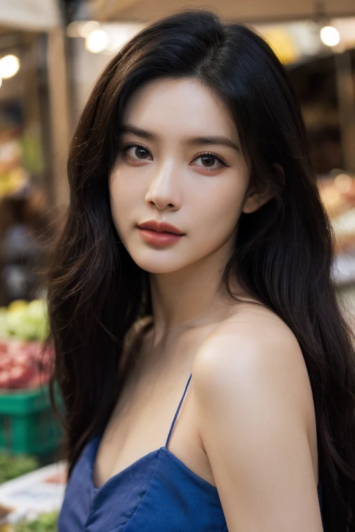 masterpiece, best quality, ultra-detailed, ultra high res, (photorealistic:1.4), raw photo, (realistic:0.2), 8k HDR, realistic lighting, looking at viewer, 1girl, solo, asymmetrical hair, outdoor, (traditional market:1.2), (day), bokeh, (detailed lips), (detailed pores), (detailed skin textures), (detailed face:1.2), (body:1.2), a woman in a blue sundress, (asian:0.2)