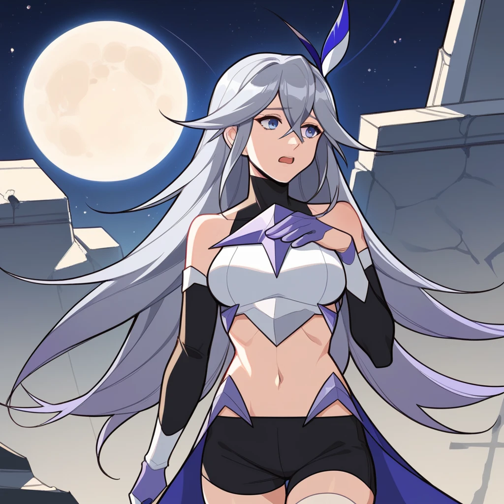 score_9_up, score_8_up, masterpiece, best quality, 1girl, solo, Bella, Bel_Def, moon surface, ruins, dust, starry sky, standing, hand on chest, raising hand, from side, sad, open mouth, grey hair, hair between eyes, hair ornament, long hair, white armor, purple armor, breastplate, black turtle neck, detached sleeves, black sleeves, white gauntlet, purple finger gloves, white gloves, midriff, navel, short shorts, black shorts, white thighhighs, two-tone skirt, mature body, dynamic cowboy shot, outdoors, space background