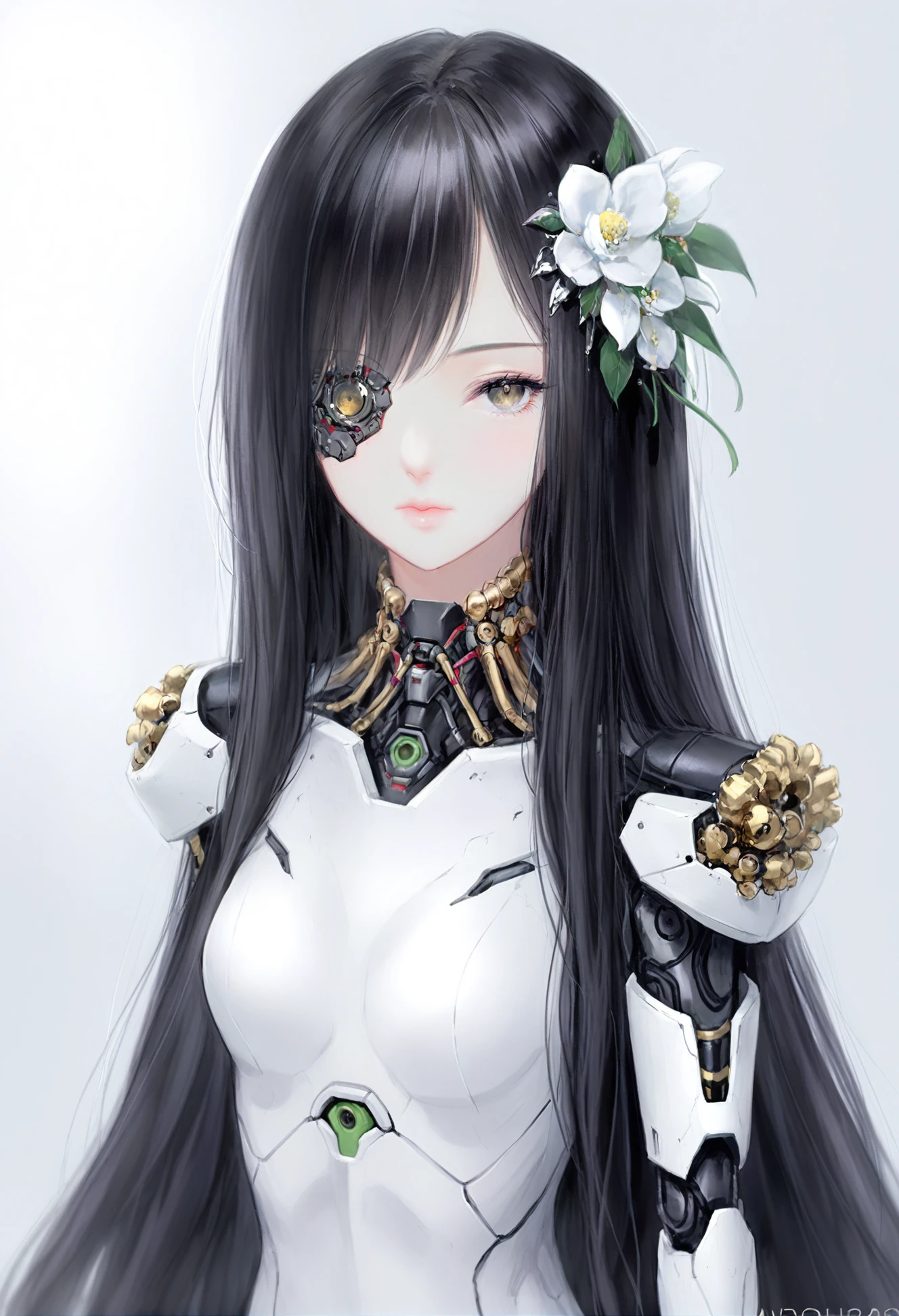 masterpiece, best quality,flower, 1girl, solo, mechanical parts, white flower, long hair, upper body, android, black hair, closed mouth, one eye covered, hair ornament, white background, cable 
 <lora:DADACHYOXLlokr4f-000179:0.8>