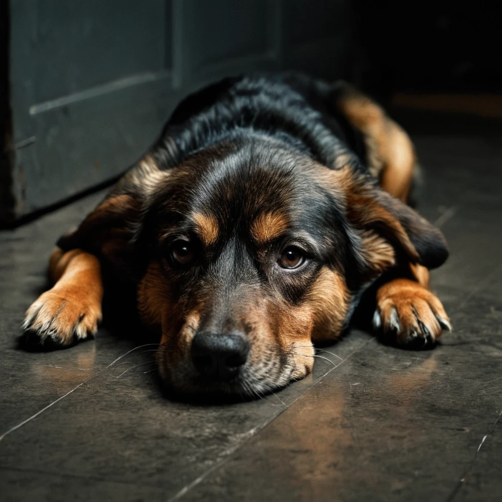 Hyperrealistic art of <lora:facial expression style v3:1>
sad facial expression of a sad dog laying on the floor with its head on the floor, themed, sharp, detailed skin, epic cinematic photography, artistic, creative, wrinkly face, dramatic lighting style, cinematic color style, Kodak film style, skin pore, emotional style, gustier style, facial expression style, sad facial style, solo, looking at viewer, brown eyes, blurry, no humans, animal, on stomach, realistic, animal focus, brown fur, horror (theme), lying, black background, dog, photorealistic, signature
, Extremely high-resolution details, photographic, realism pushed to extreme, fine texture, incredibly lifelike