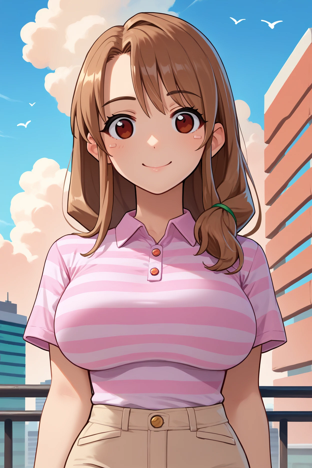 score_9, score_8_up, score_7_up, score_6_up, source_anime, 1girl, solo,  <lora:ftspmom-pdxl-nvwls-v1-000006:1> ftspMm, brown hair, long hair, hair over shoulder, brown eyes, striped shirt, pink shirt, short sleeves, beige pants, looking at you, smile, large breasts, blue sky, clouds, upper body, city