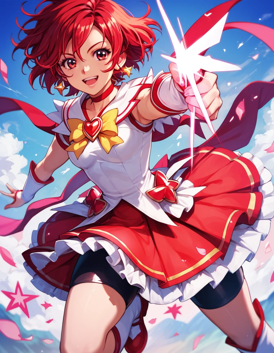 CureRouge, magical girl, short hair, red eyes, red hair, bike shorts under skirt,  <lora:PowerofHopePrecureFullBloom:1>, score_9, score_8_up, score_7_up, score_6_up, score_5_up, score_4_up, source_anime, , smile, dynamic pose