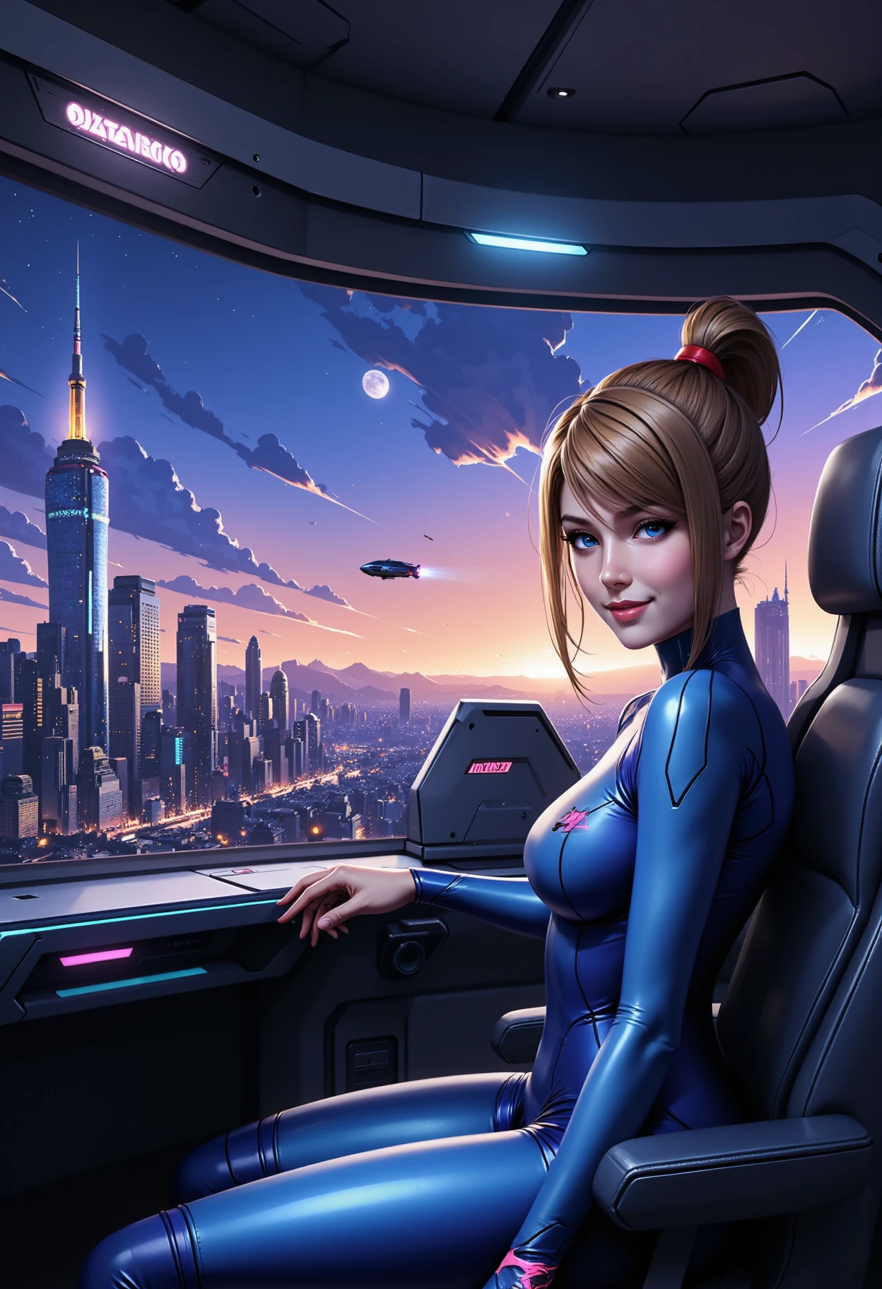 A futuristic animated s4mus with a bright smile, gazing directly at the viewer, sitting comfortably in a sleek, high-tech chamber with a massive curved window showcasing a vibrant, neon-lit cityscape at dusk, with towering skyscrapers and flying cars zipping by, wearing a zer0Suit, against a dark, metallic interior with a subtle glow of holographic screens and interfaces.
<lora:zeroSuitSamusFlux:1>